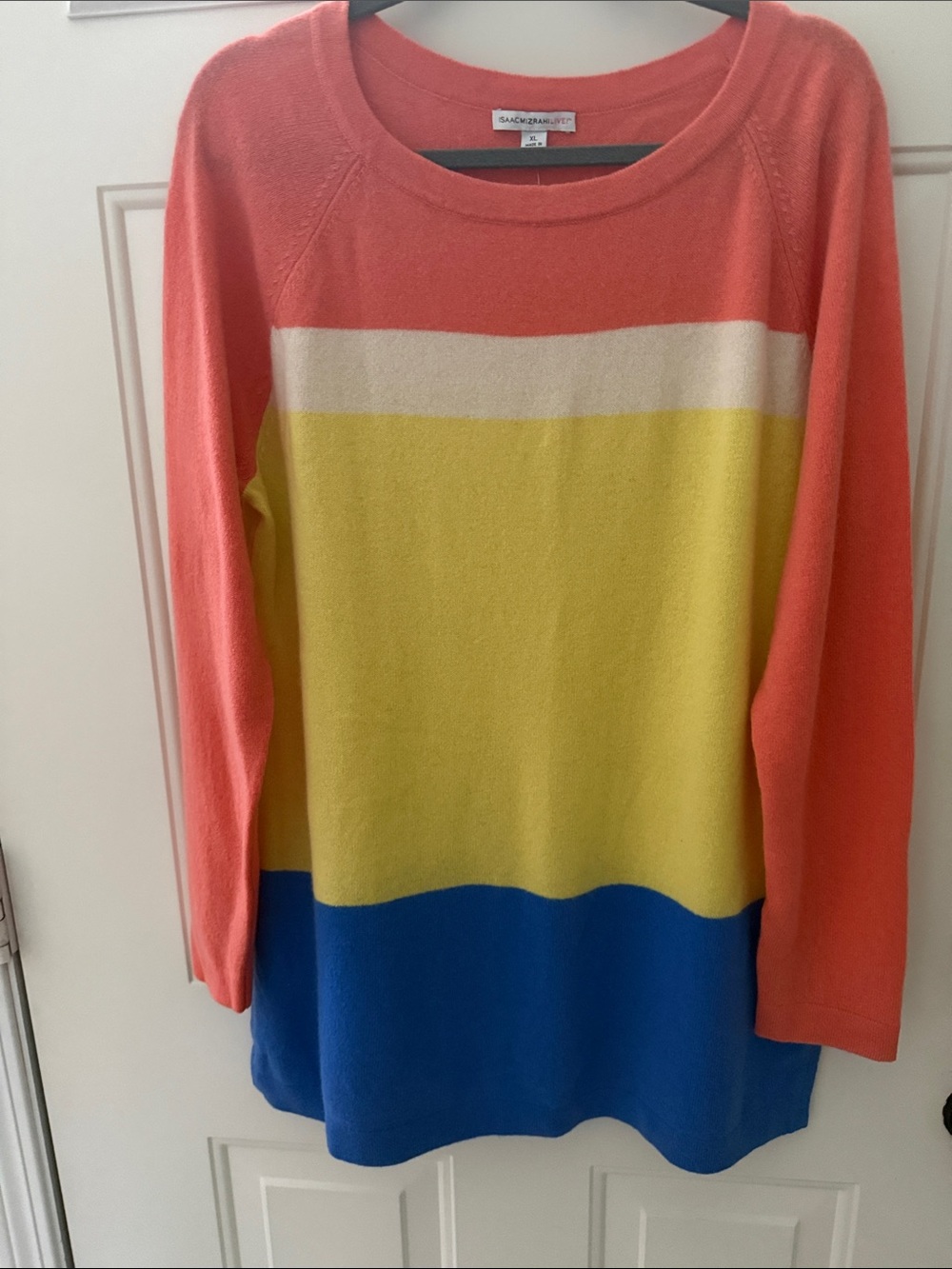 Isaac Mizrahi Coral, Yellow & Blue Colorblock 100% Cashmere Crewneck Sweater